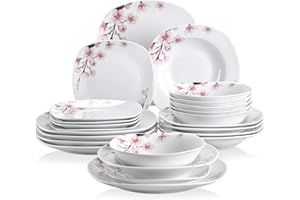 VEWEET 'Annie' 24-Piece Dinner Set, Ivory White Pink Floral Porcelain Dinnerware Set, China Ceramic Tableware Set, with Bowls, Dessert Plates, Soup Plates, Dinner Plates Service for 6