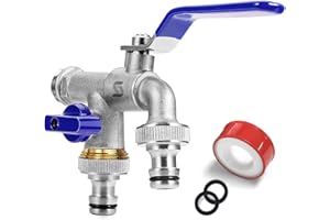 SPGOOD Grifo de jardín doble grifo de 127 cm de latón resistente a la corrosión y a las heladas con 2 salidas de 3 4 pulgadas 1 cinta de sellado boquilla para manguera para jardín lavadora (azul )