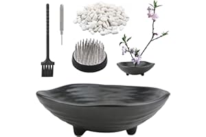 CRAFFANCY Vaso per Fiori in Ceramica Irregolare Kenzan con Spilla da 4,6 cm e Perline in Pietra Decorativa Bianca da 100 g, Vaso da Fiori Nero per Ikebana
