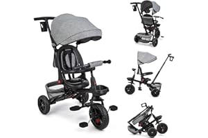 PORTOALEGRE 6 In 1 Baby Dreirad Kinderdreirad Mit Schubstange, Kinderdreirad für 9 Monate Bis 5 Jahre Mit Umkehrbarem Sitz, Ausklappbarem Verdeck Mit Sonnenschutz, Kinderwagen Faltbar, Babyfahrrad