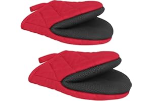 HUIBOHOU 1 Pair Short Oven Mitts, Silicone Kitchen Oven Mitts Mini Heat Resistant for 500 Degrees, with Non-Slip Grip Surfaces and Hanging Loop, Oven Gloves for Baking, Cooking,Grilling Barbecue (Red)