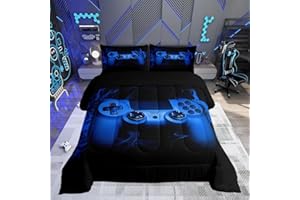 LOUSSIESD Set di biancheria da letto 200x200cm con Trapunta trapuntato per ragazzi e ragazzi con videogiochi, set di biancheria da letto per bambini, 3 pezzi, colore: nero