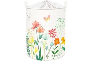 Clastyle 45L Cesta Indumenti Sporchi Foglie Fiori di Primavera Colorato Cestino Portaoggetti Farfalla Giocattoli Tondo Pieghevole per Camera da Letto, 36x45 cm