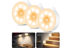 daphomeu Luz led nocturna con sensor de movimiento,Funciona con 3 pilas AAA.iluminación de armario, sensor de movimiento interior para escaleras, dormitorio, cocina.(Blanco cálido,3 Piezas)