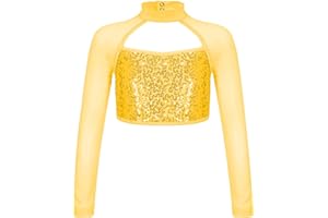 inhzoy Enfant Fille Tank Top Paillettes Brillantes Haut Court Danse Gymnastique Brassière Sport Yoga Manches Longues T-Shirt Danse Ballet Spectacle Danseuse Chemise