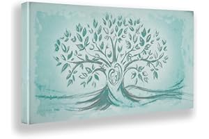 Giallobus - Quadro - 04 - Capezzale Moderno - Sacra Famiglia e Albero della Vita - Turchese - Tela Canvas Telaio Premium Alto Spessore - 70x35 - Pronto da Appendere - Quadri Moderni per la casa