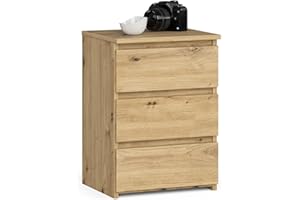 ‎AKORD AKORD | Nachttisch Kommode CL-3 mit 3 Schubladen | für das Wohnzimmer Schlafzimmer Schrank Büro Arbeitszimmer | Modernes Funktionales Design | B40 x H57 x T35 cm, Gewicht 26 kg | Eiche Artisan