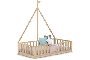 DISEÑOS Y FABRICADOS EN MADERA Cama Infantil Barco Tipo Montessori, con Somier y Barrera Barandilla, en Madera Natural, 90 x190 cm