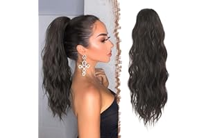 ‎FESHFEN FESHFEN Braun Pferdeschwanz Haarteil mit Kordelzug, 45 cm Wellen Zopf Pferdeschwanz Verlängerung Dunkelbraun Haare Extension Synthetik Lang Wellig Haarverlängerung Ponytail für Damen Frauen