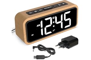 NETZU Réveil fort pour dormir profond, réveil en bois avec affichage LED, 12 sonneries d'alarme, 5 niveaux de luminosité réglables, 5 volumes, DST manuel, réveil rétro pour chambre à coucher (Hêtre Blanc)
