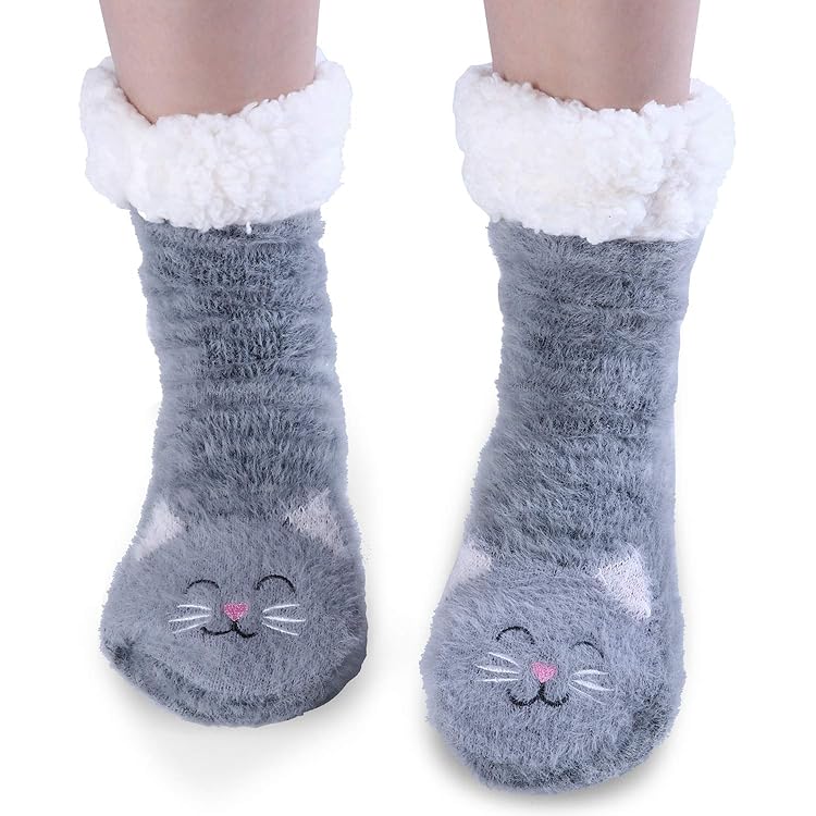 ZAKASA Knuffelsokken voor dames met antislipzool, warme pantoffels, kerstsokken, wintersokken, voor vrouwen en meisjes, antislipsokken, huissokken, Siamese kat, 35/41 EU