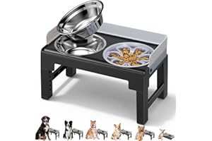 Euqvunn Elevated Dog Bowls with Stand, 6-Level Height Adjustable, 5° Tilt, Splash Guard Design, Raised Dog Bowl with Two 1000ml Stainless Steel & Slow Feeder Dog Bowl,for Small,Medium & Large Pets
