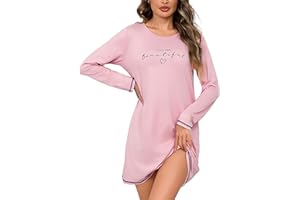 Bresdk Koszula nocna damska z długim rękawem, zimowa bielizna nocna, bawełna, długi nadruk, koszulka z okrągłym dekoltem i długimi rękawami, miękka odzież wypoczynkowa
