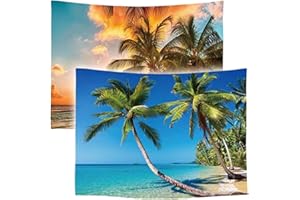 Ulticool – Tapisserie - Plage la Nature Mer Île Palmier Sunset - 73cm x 95cm – Lot de 2 designs - Tissu Tapisserie Peinture - Poster Art - Orange Vert Bleu