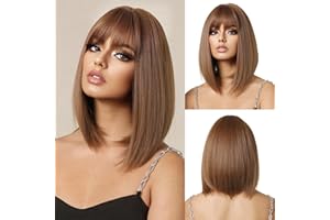 OUFEI Brown Bob Wig With Bangs Short Straight Wig For Women Synthetic Hair Wigs for Daily Party Cosplay Wear