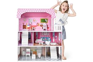 ACXIN Dollhouse Dollhouse domek dla lalek, drewniany domek dla lalek z meblami i akcesoriami, 3-piętrowy, łatwy w montażu, bezpieczny i przyjazny dla środowiska, 60 x 24 x 70 cm