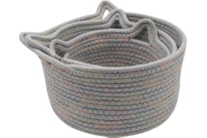 Anzirose Natural Cotton Rope Storage Baskets Multi-sized 3 pieces set Cat Ear Shape Nursery Storage Baskets for Home Decor Closet Desktop Kids Room Nursery Cosmetic Storage Grey (Grey)