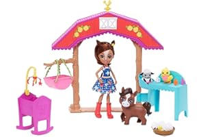 Enchantimals Żłobek na farmie Zestaw + Lalka i zwierzątka – lalka Haydie Horse (15 cm), figurka konik Trotter + 3 dodatkowe figurki zwierząt i akcesoria Doskonały, od 4 do 8 lat, GJX23