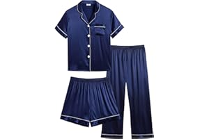 SWOMOG Kid's Silk Pyjamas 3 Piece Girls Boys Satin Pyjamas Set Button-Down PJs Sets Soft Lounge Sets Short Sleeve Sleepwear