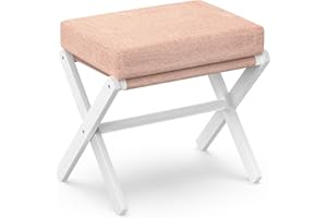 ‎BAMBOOHOMIE BAMBOOHOMIE Makeup Eitelkeit Hocker, Faltbarer Fußhocker mit Bambus X Beinen, Ottoman Fußstütze Stuhl für Vanity, Moderne Fußhocker klein gepolstert für Wohnzimmer (Weiß - Rosa)