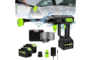PNETERG Limpiador de alta presión inalámbrico de 21 V 120 bar, limpiador de alta presión con batería, 6 en 1 boquilla multiuso, manguera de 5 m, para coche, hogar, suelos, exterior (2 baterías 1 cargador)