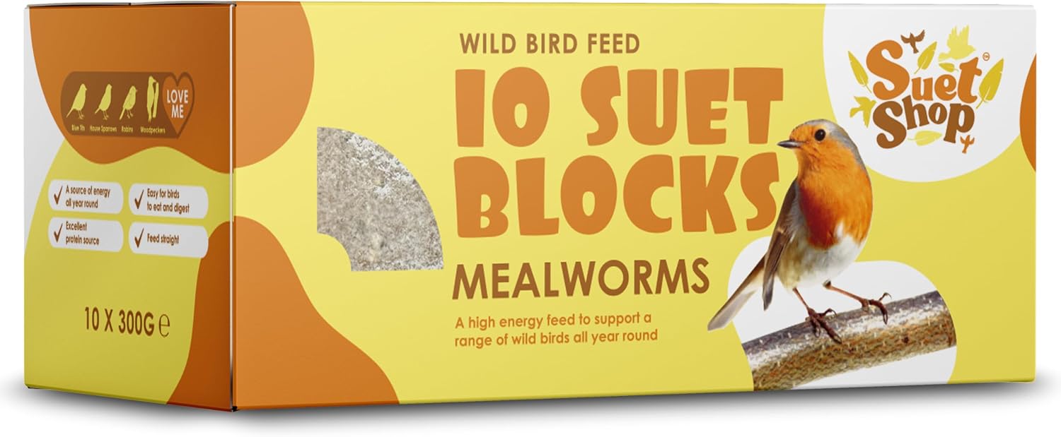 Suet Shop - Mealworm Suet Blocks for Wild Birds, 300g (Pack of 10) - Enriched with Human Grade Beef Tallow, High in Energy & Protein - All-Season Bird Feed - Manufactured In The UK