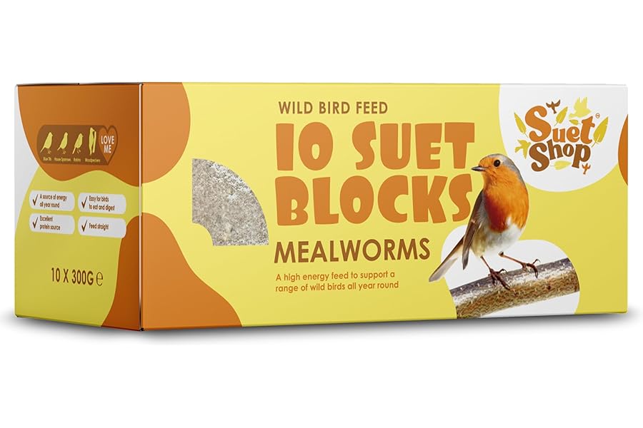 Suet Shop - Mealworm Suet Blocks for Wild Birds, 300g (Pack of 10) - Enriched with Human Grade Beef Tallow, High in Energy & Protein - All-Season Bird Feed - Manufactured In The UK