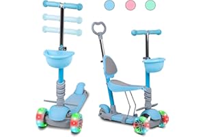 GURYON 3 Wheels Kids Kick Scooter for age 3-8, 5 in 1 Baby Scooter with Flashing Led Wheels, Removable Seat and Back Rest for Boys and Girls Toddlers