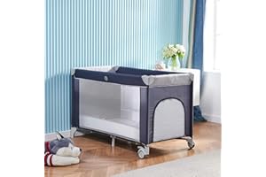 Urkitd Baby Baby Crib with Mattress 125 x 66cm, Folding Travel Cot and Playpen (Birth to 3Y), Portable Infant Nursery Center Playard with Wheels, Carrying Bag, Toddler Travel Bed, Black-Grey