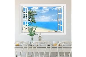 astylishome Wall Stickers & Murals Beach Sea Window Scenery Sticker Ocean Picture View Decor Room Decals PVC Art Seascape Mural Poster Wallpaper for Living Room 1607
