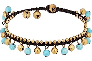 Hanary Bohemian Style Anklet with Jingling Bell and Hand-woven Rope, Turquoise-toned and Brass Chain Foot Bracelet, Summer Beach Ankle Bracelet for Women