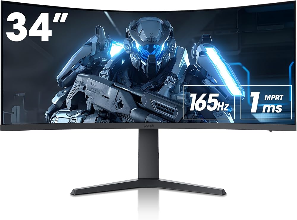 KOORUI Monitör 34E6UC 34 inç, 165Hz/, UWQHD, 3440 * 1440, 1ms, Adaptive Sync, monitörler, gaming, HDMI2.1 * 2, DP1.4 * 1, Eğilmek,-5~20°/-15~15°, Yukarı ve aşağı, VESA,HDR400, 75 * 75mm, Siyah