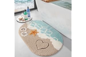 DEXI Tapis Salle de Bain Antidérapant 54 x 86 cm, Ovale Tapis Douch Absorbant et Lavable avec Motif Plage et étoile de mer, pour Baignoire, Chambre, Enfants, Beige et Bleu