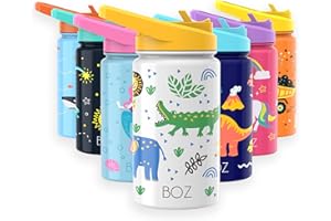BOZ Kids Water Bottle for School with Straw Lid, Stainless Steel Insulated Water Bottle for Kids, Toddler Water Bottle, Leak Proof Water Bottle for Kids and Toddlers - 414 ml (Safari)
