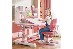 cukoekim Höhenverstellbarer Kinderschreibtisch mit Ergonomischem Stuhl, Mit bücherregal, Schublade und 50 Gradneigbarer Tischplattelte Rosa