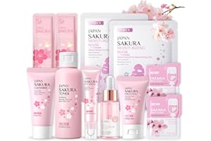 SHEFAVE Sakura Sakura Gesichtspflege Set 11pcs Feuchtigkeit Hautpflege Sets-Serum, Gesichtscreme,Reiniger,Toner,Augenserum, Mask,Schlammmaske, Geschenke Set für Gesicht Reinigung & Pflege (Rosa)