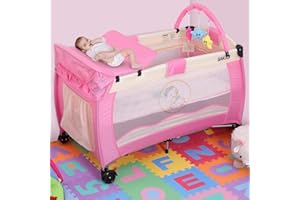 BAKAJI Lettino Culla Box Gioco da Campeggio per Bambini Neonato con Fasciatoio e Arco Giochi Removibili Struttura in Metallo Pieghevole con Apertura Zip Tasche Laterali Ruote e Custodia (Pink)