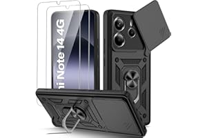Guisessy Funda para Xiaomi Redmi Note 14 4G (No para 5G) Armor Carcasa Cubierta de cámara Deslizante Proteger con 2 Pack Cristal Templado Protector con 360 Anillo Soporte PC y Silicona TPU Case, Negro