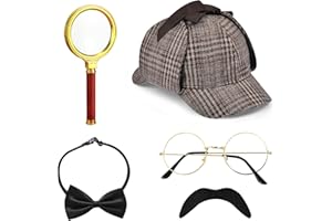 HEAWAA 5 Stück Detektiv Kostüm Zubehör Set, Sherlock Holmes Kostüm Accessoires mit Detektiv Hut Brille Falscher Schnurrbart Lupe Fliege Detektiv Cosplay Requisiten für Fasching Karneval Cosplay Party