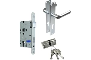 SN-TEC BKS Zimmertür/Wohnungstür/Badezimmer Komplett Set, inclusive Aluminium Schild Beschlag (PZ Schließzylinder, DIN RECHTS, Langschild 215mm x 40mm)