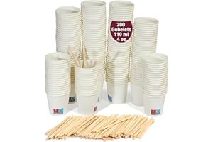 GOBECUPS 200 Gobelets à café jetables blancs de 110 ml / 4 oz avec agitateurs en bois, résistants, étanches et sans odeurs. Gobelets en carton jetables
