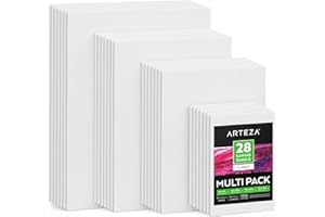 Arteza Lot de 28 panneaux de peinture sur toile, 5 x 7, 8 x 10, 9 x 12, 11 x 14, 100 % coton avec noyau en carton recyclé, pour acrylique, huile, autres supports d’art secs ou humides