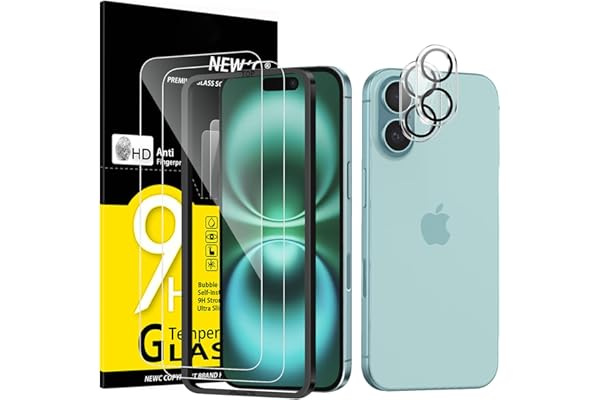 NEW'C 2 x Protector Pantalla para iPhone 16 (6,1 Pulgadas) y 2 x Protector Pantalla Protector de Lente de Cámara - Cristal Templado - Ultra Resistente - Herramienta de instalación fácil incluida