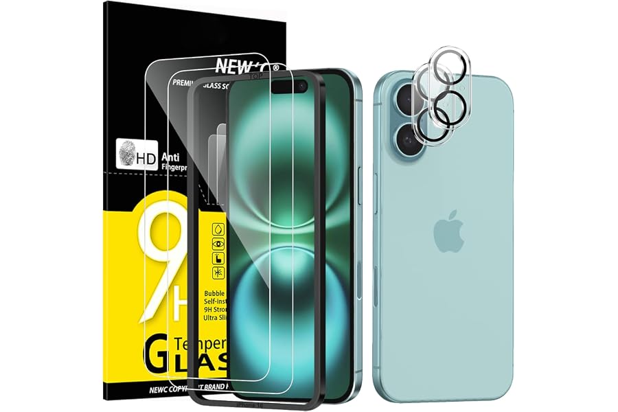 NEW'C Kit de 4, 2 x Verre Trempé pour iPhone 16 (6,1 Pouces) et 2 x Protection Caméra Arrière - Anti Rayures - sans Bulles d'