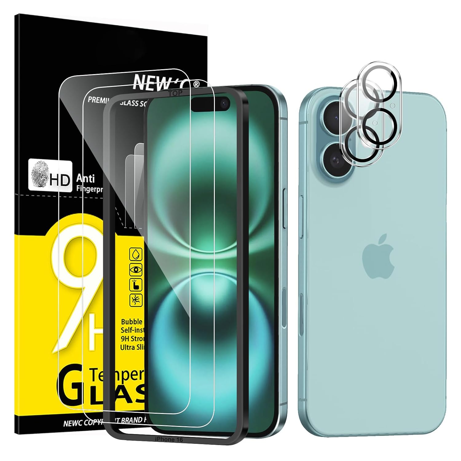NEW'C Pellicola Vetro per iPhone 16 + Protezione Fotocamera Antigraffio | Set da 4, 2x Vetri Temperati + 2x Protezioni Fotocamera, Trasparente, Kit Installazione Incluso, Durezza 9H