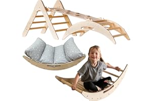 WoodsCraft - Handmade 5in1 Montessori Kletterset: Kletterdreieck, Kletterbogen mit Kissen & 2in1: Rutsche Indoor/Klettern Rampe | Holz Klettergerüst Indoor Spielgeräte & Spielplatz
