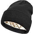 Muryobao Womens Satin Lined Knit Beanie Hat Acrylic Winter Warm Cuffed Beanies Silk Lining Soft Slouchy Skull Cap Black