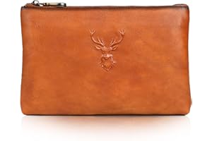 Karoukee Vegetable Tanned Leather Clutch Bag for Men Multipurpose Business Handbag Luxurious Wristlet Wallet for 9.7" Tablet