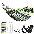 Anyoo Outdoor Cotton Hammock with Tree Straps, Comfortable Fabric Hammock with 40CM Curved Wooden Bar, Portable Hammock with Compact Travel Bag, Perfect for Indoor Balcony Garden Patio Yard