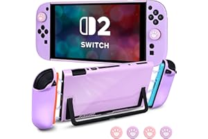 DLseego Protector Cover for Switch 2,Dockable Hard PC Shell Anti-Scratch and Shockproof Protective Skin and Soft Silicone Handle Case with 4PCS Thumb Grip Cap,Purple